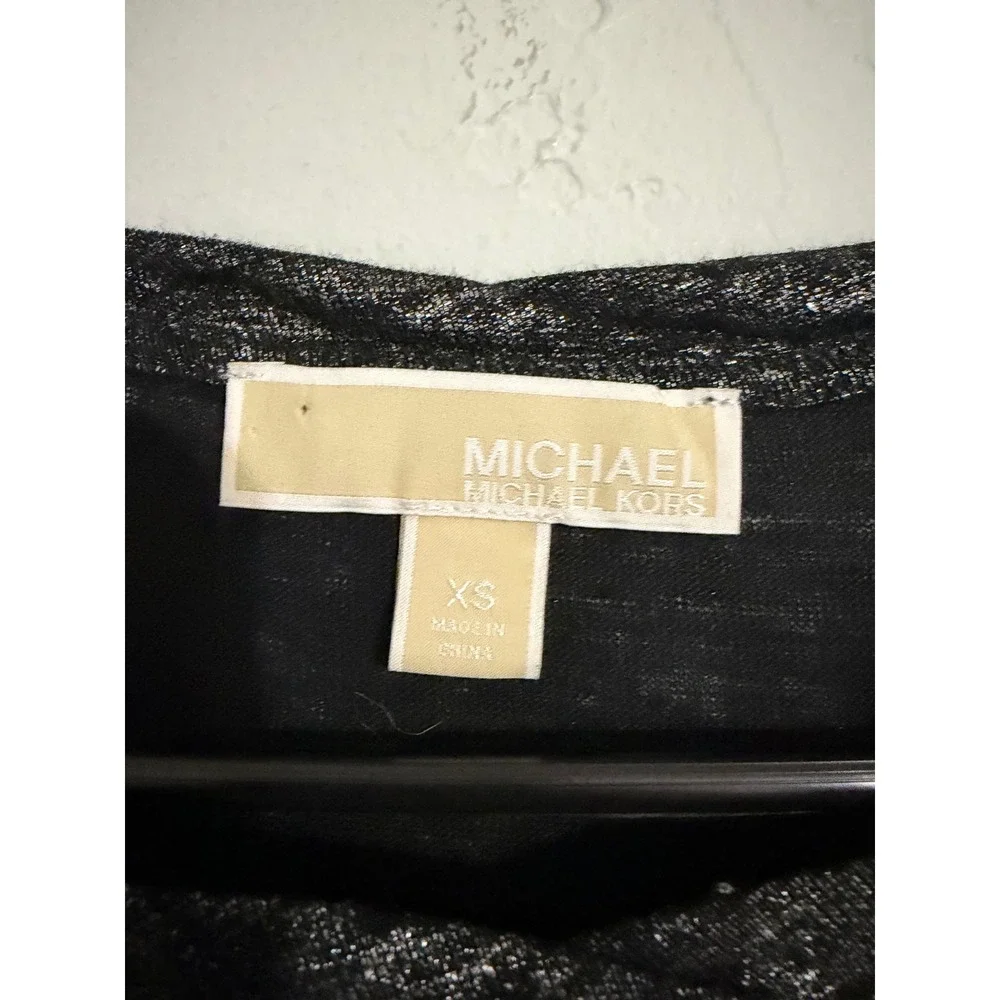 Michael Kors Womens Metallic Silver Black Linen Flutter Sleeve Top XS